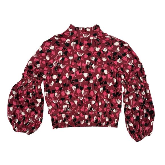 CAbi Corsage Blouse Size Medium Red Floral‎ Top Ruffle Balloon Sleeves 4157 - Picture 2 of 10